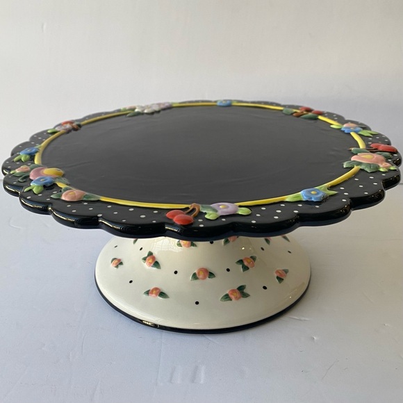 Mary Engelbreit Black Flower Cherry Ceramic Cake Stand Pedestal  Vintage 2002 - Picture 1 of 11